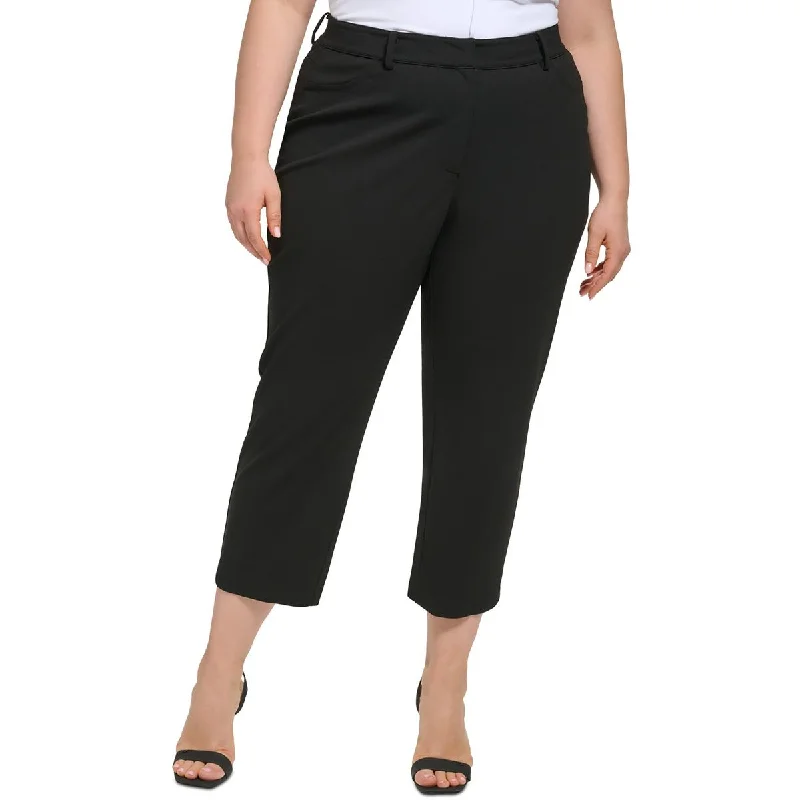 Plus Womens Office Solid Ankle Pants Trendy High-Waist Trousers