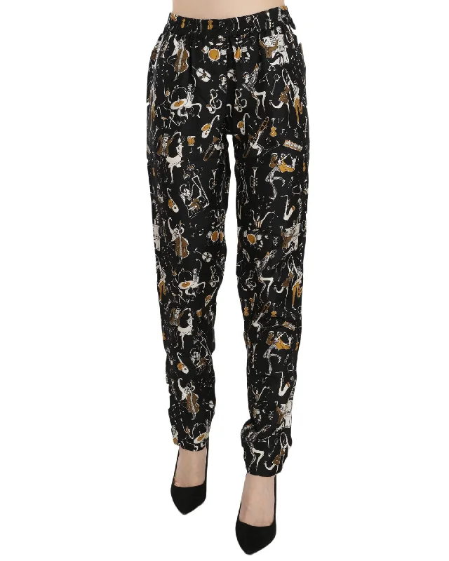 Dolce & Gabbana  Jazz Band Printed Silk Pants - Black Chic Wool Trousers