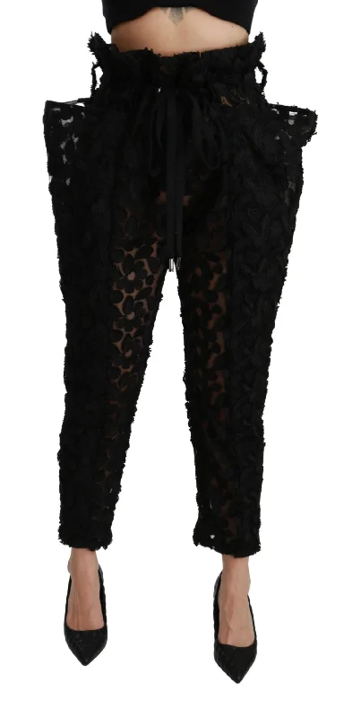 Dolce & Gabbana  Black Floral Lace Pants Casual Yoga Pants