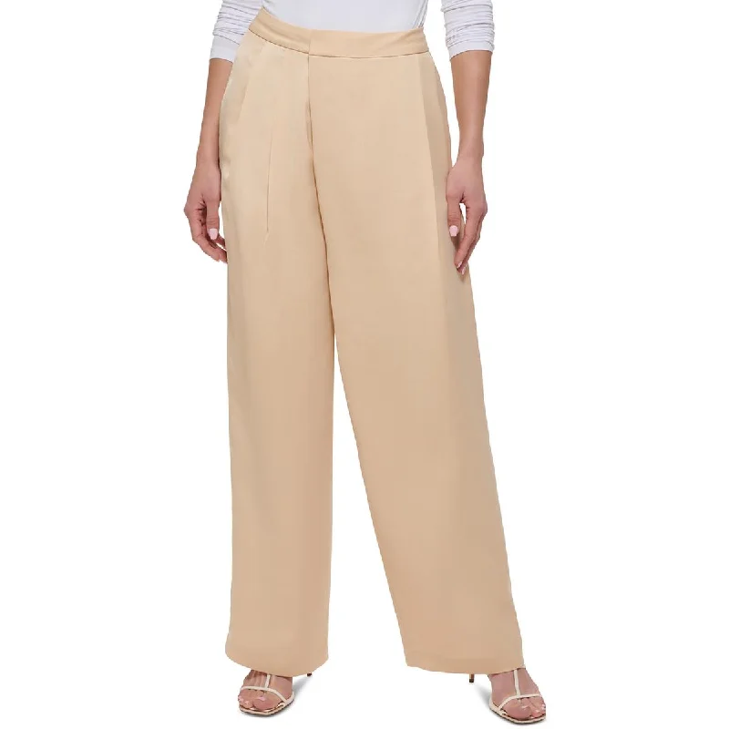 Petites Womens High Rise Pleated Wide Leg Pants Chic Faux Leather Pants