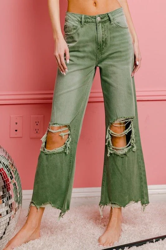 BiBi Distressed Vintage Washed Wide Leg Pants Fashionable Sporty Pants