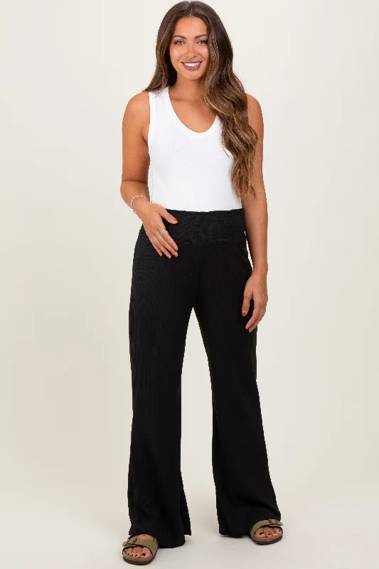 Black Ribbed Smocked Waistband Wide Leg Maternity Pants Casual Drawstring Pants
