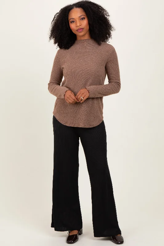 Black Ribbed Smocked Waistband Wide Leg Pants Modern Stretch Trousers