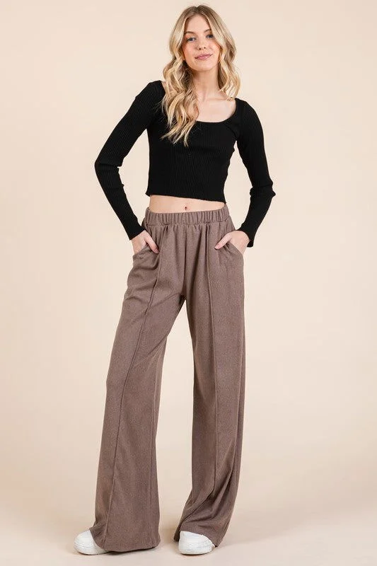 BOMBOM Elastic Waist Wide Leg Pants with Pockets Chic Capri Pants