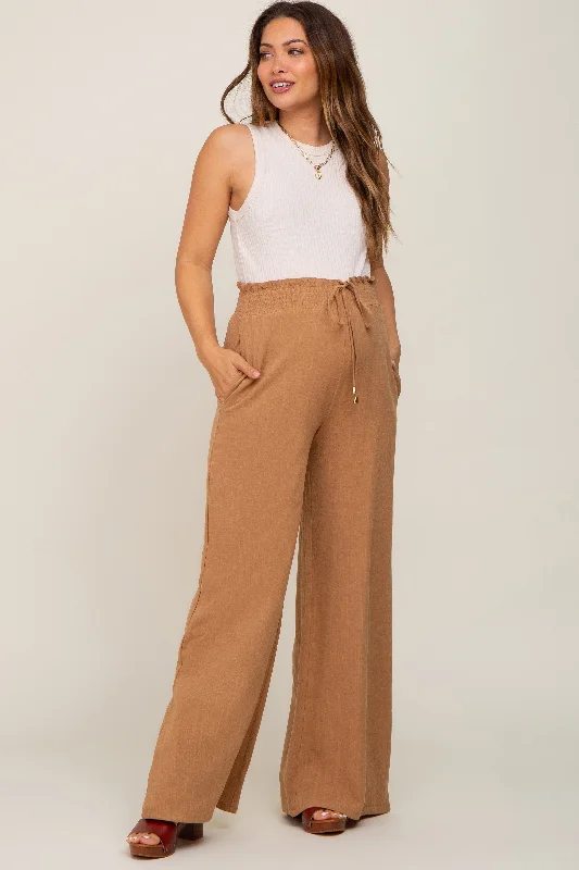 Camel Smocked Waist Wide Leg Linen Maternity Pants Stylish Slim Trousers