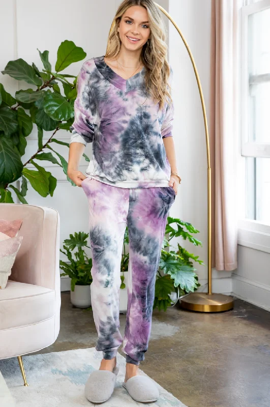 Purple & Black Tie Dye Loungewear 2pc Top and Pants Set Classic Bootcut Trousers