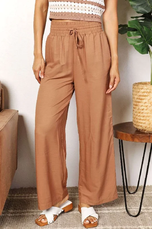 Double Take Drawstring Smocked Waist Wide Leg Pants Casual Plaid Pants