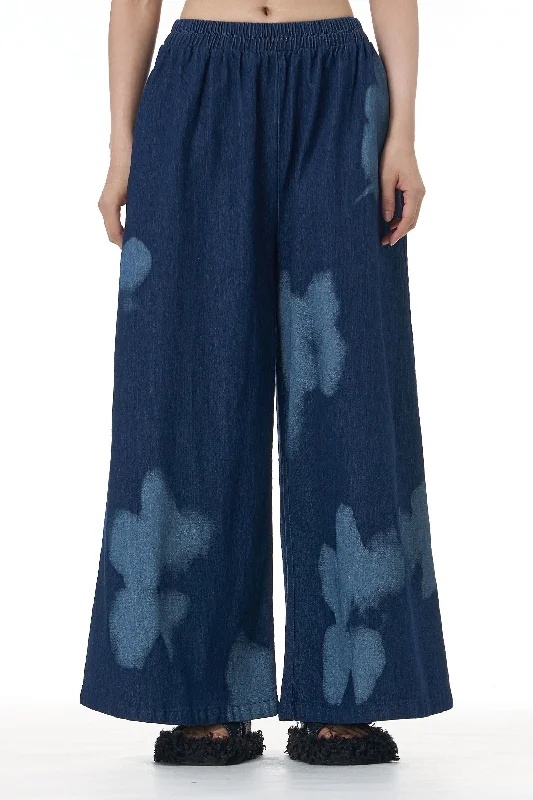 Floral Fade Denim Pants Slim Fit Casual Pants