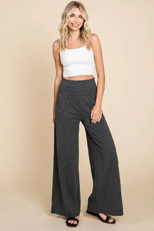 Fold Over Waist Charcoal Palazzo Wide Leg Pants Slim-Fit Leggings