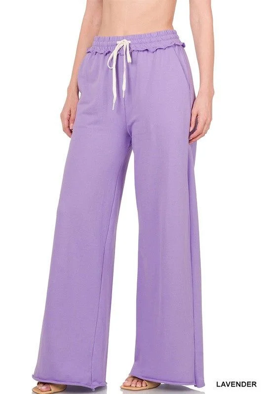 ZENANA | French Terry Drawstring Waist Raw Edge Hem Pants Casual Lounge Pants