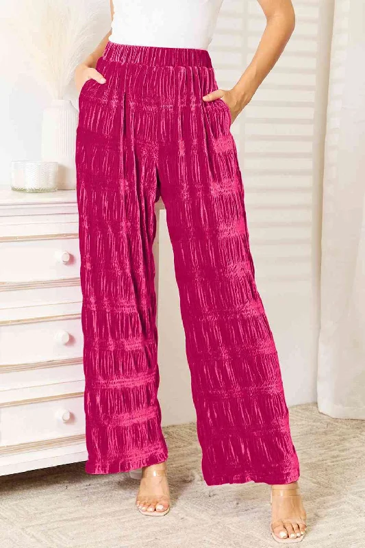 High Waist Tiered Shirring Velvet Wide Leg Pants Comfy Cargo Trousers