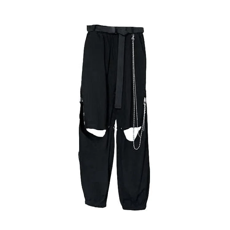 Hollow out metal chain solid 2-way belt cargo pant Cozy Full-Length Pants