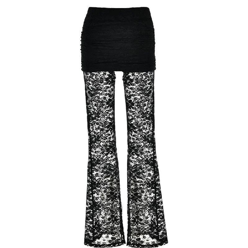 Lace patchwork ruched solid flared pant Comfortable Denim Leggings