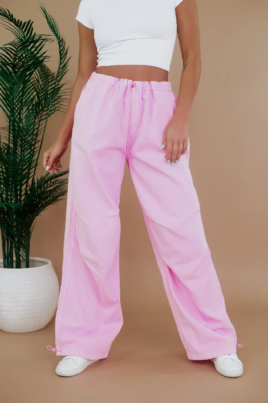 Mid Rise Pink Parachute Pants Chic Faux Leather Pants