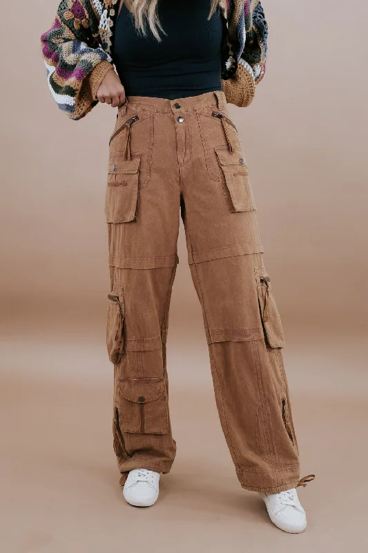 Mineral Washed Cargo Pants, Camel Trendy Printed Pants