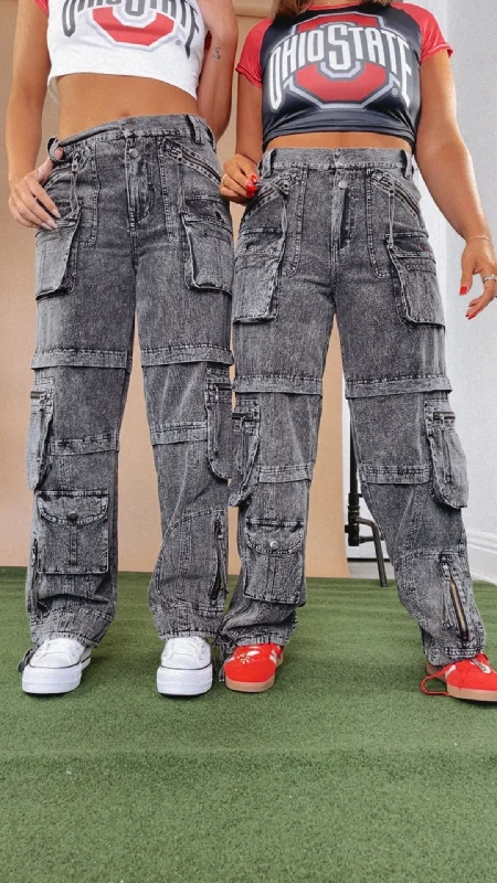 Oli & Hali : Mineral Washed Cargo Pants, Charcoal Comfortable Jogger Trousers