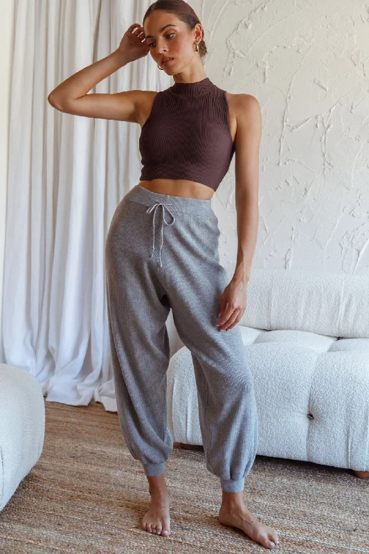 New Soul Drawstring Ribbed Knit Jogger Pants Grey Marle Comfy Zip-Up Pants