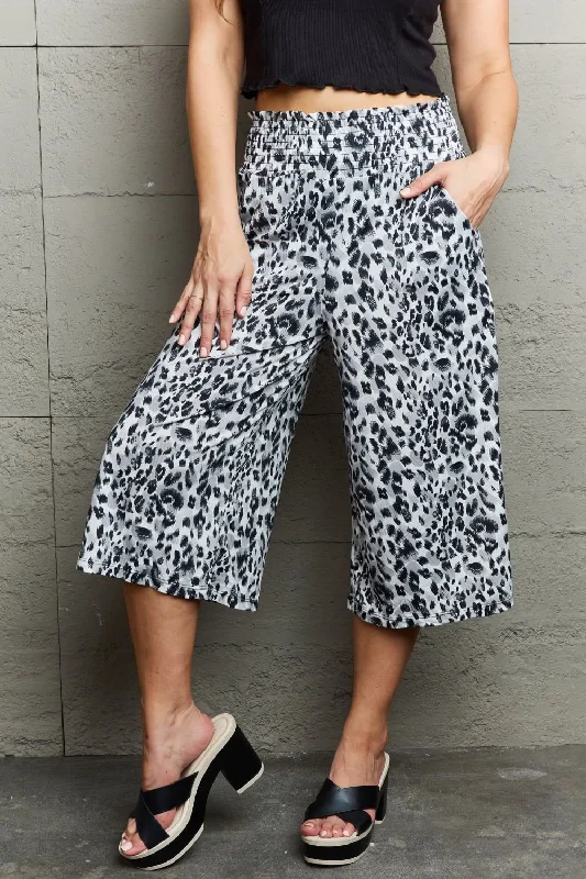 Ninexis | Leopard High Waist Flowy Wide Leg Pants with Pockets Fashionable Button-Up Pants