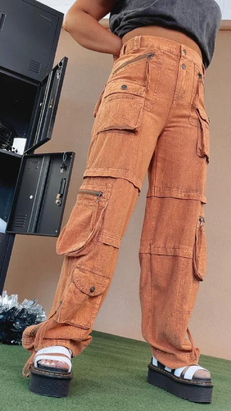 Oli & Hali: Mineral Washed Cargo Pants, Rust Orange Fashionable Button-Up Pants