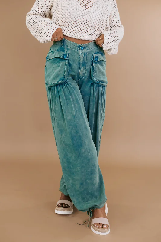 Oli & Hali: Washed Wide Leg Parachute Pants, Teal Green Comfortable Cargo Pants