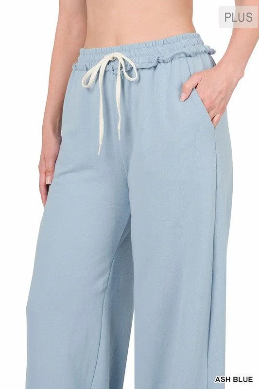 Zenana Plus F/Terry Drawstring Waist Raw Edge Hem Pants Classic Flared Pants