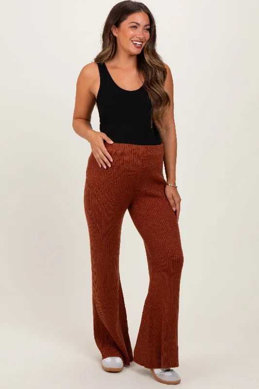 Rust Ribbed Knit Maternity Flare Pants High-Waist Yoga Pants