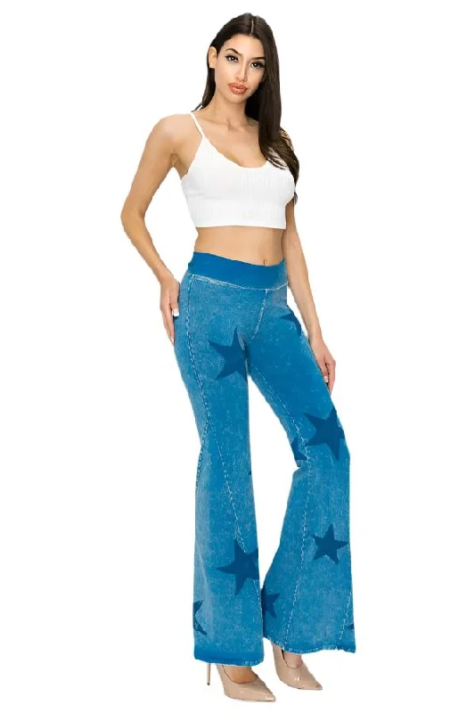 T-Party Mineral Wash Star Print Fold Over Waist Flare Pants CJ75491 Blue Cozy Full-Length Pants