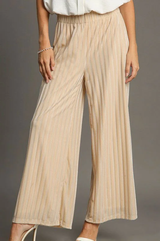 Umgee Elastic Waist Striped Wide Leg Velvet Pants Stretch Fit Pants