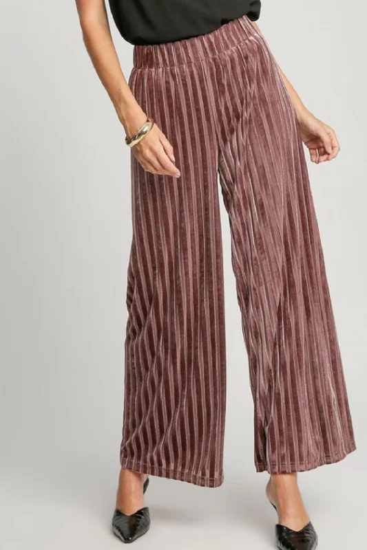 Umgee Full Size Elastic Waist Striped Wide Leg Velvet Pants Sleek Black Pants
