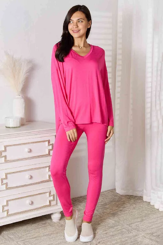 V-Neck Soft Rayon Long Sleeve Top and Pants Lounge Set Chic Faux Leather Pants