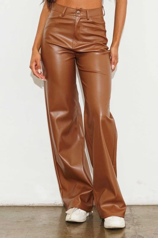 Vibrant MiU Vegan Leather Wide Leg Pants in Cognac Comfortable Pleated Pants