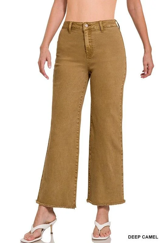 Zenana Acid Wash Frayed Cutoff Hem Straight Wide Pants High-Waist Yoga Pants