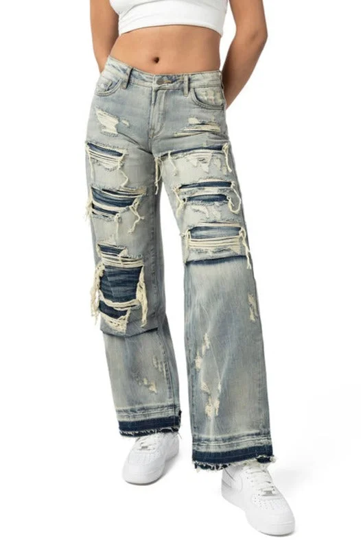 Women's Wide Leg Ripped Jean Stylish High-Waist Skinny Denim