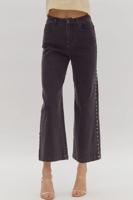 High Waisted Denim Wide Leg Studded Jean Stylish Tapered Fit Jeans