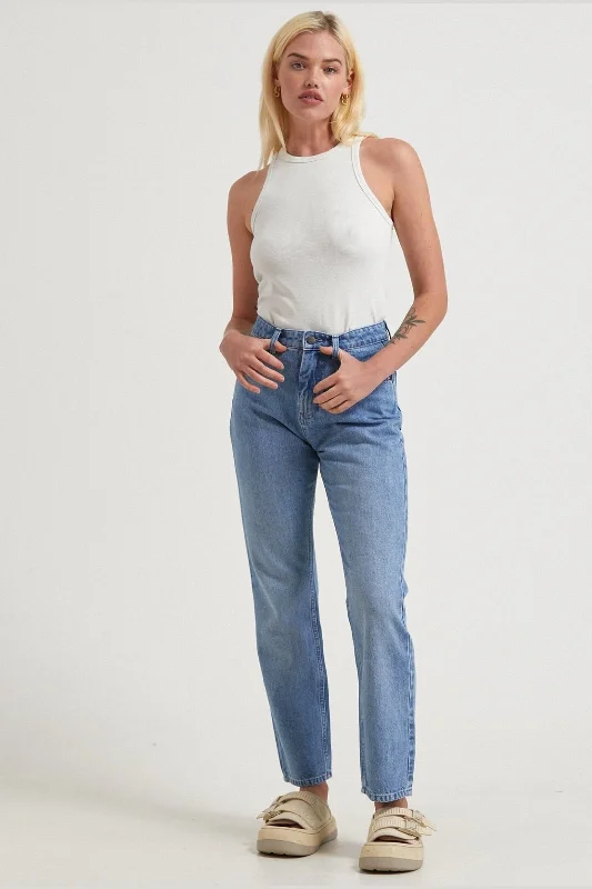 Afends violet- hemp denim straight leg jean - worn blue hemp denim straight leg jean worn blue Comfortable Ankle Jeans