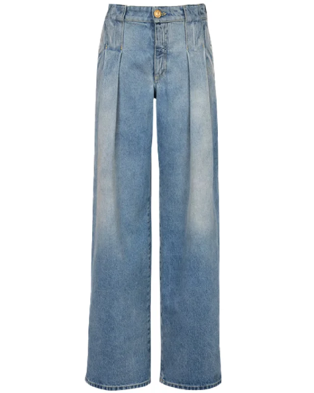 High Waisted Pleated Jean in Blue Classic Black Denim Jeans