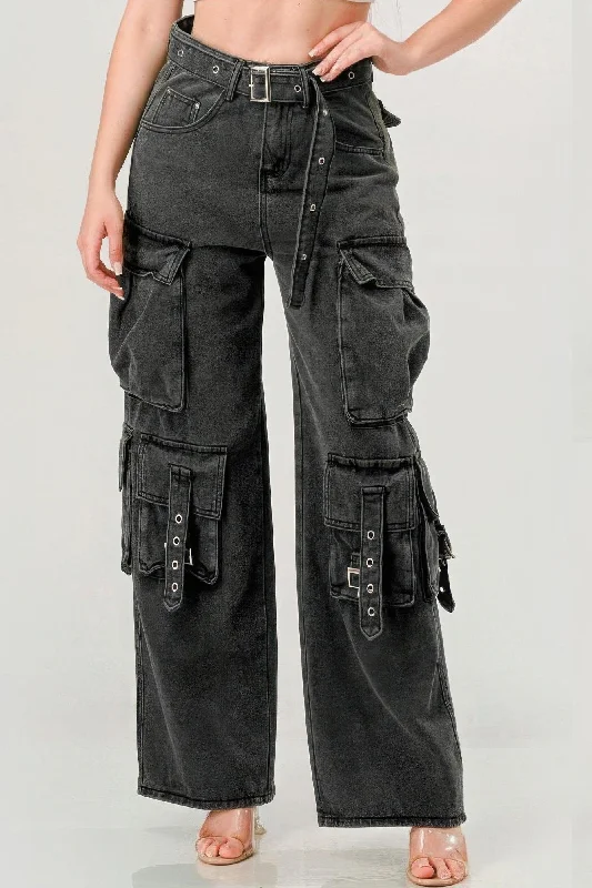 Belted Denim Cargo Jean Elegant Dark-Wash Bootcut Jeans