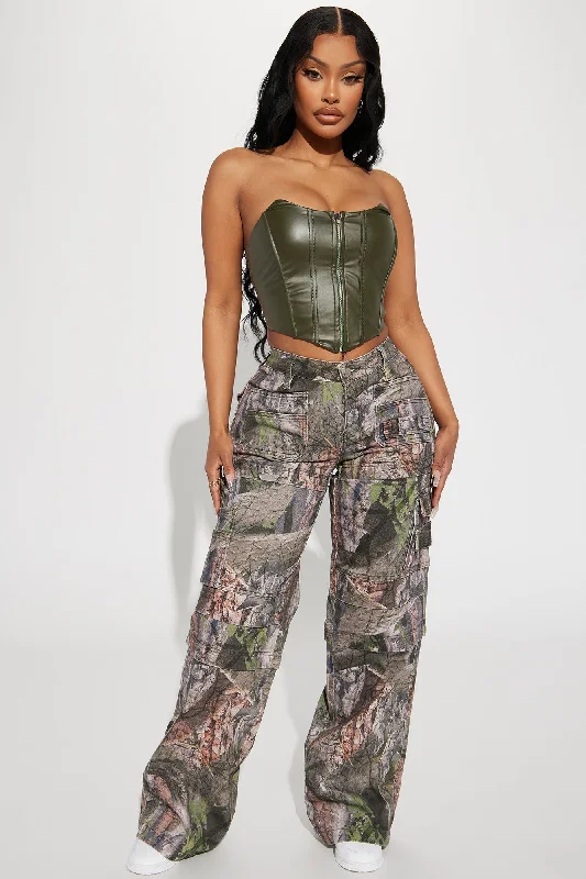 Bree Camo Stretch Cargo Jean - Olive/combo Trendy Pleated Waist Jeans