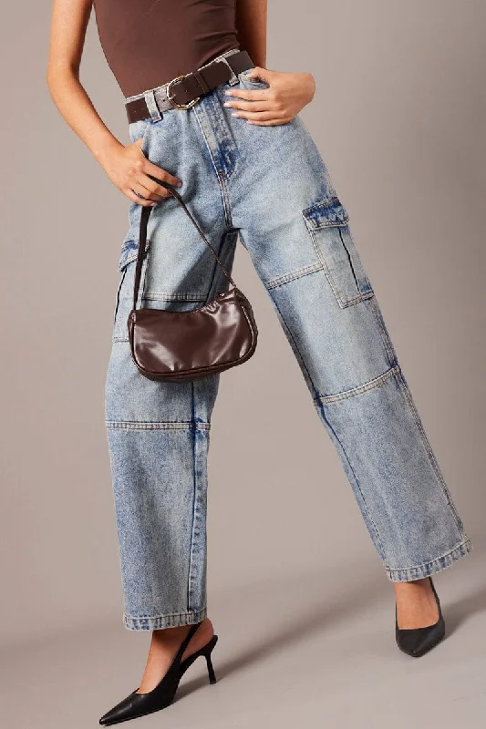 Denim Cargo Jean Mid Rise Trendy Wide-Legged High-Waist Jeans