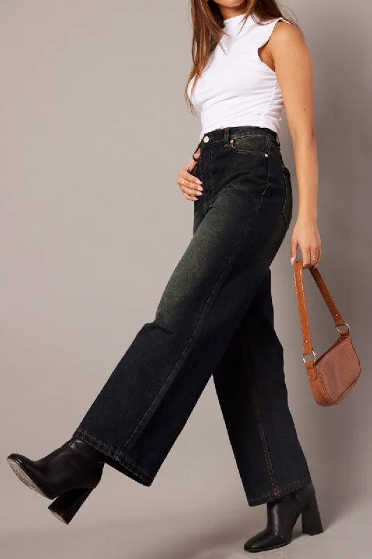 Denim Wide Leg Jean Mid Rise Dirty Wash Comfortable Boyfriend Jeans