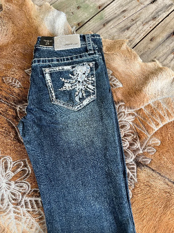 EB61613 GRACE IN LA Floral Jewel Jean Fashionable Raw Edge Jeans