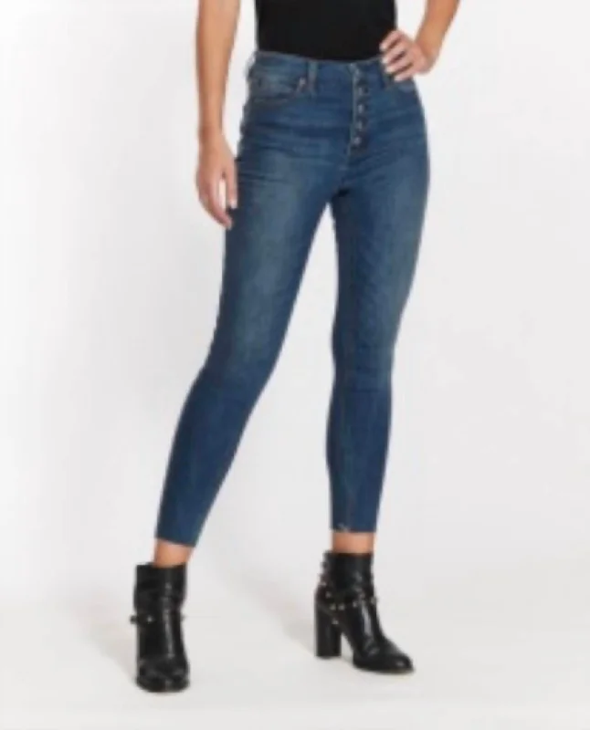 High Rise Button Fly Skinny Ankle Jean In Dark Gulf Comfortable Zip-Up Skinny Jeans
