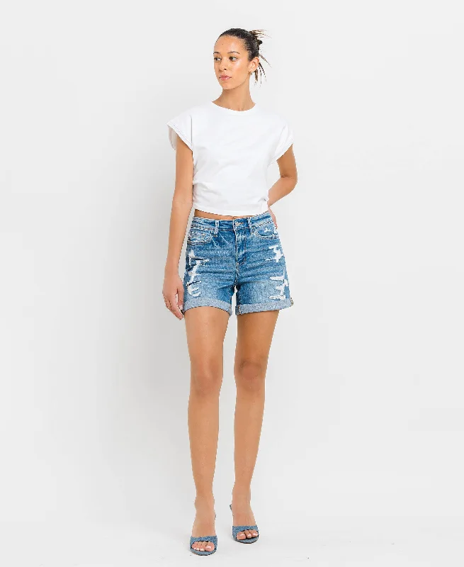 Double the Fun High Rise Cuff Jean Shorts Fashionable Raw Hem Bootcut Jeans