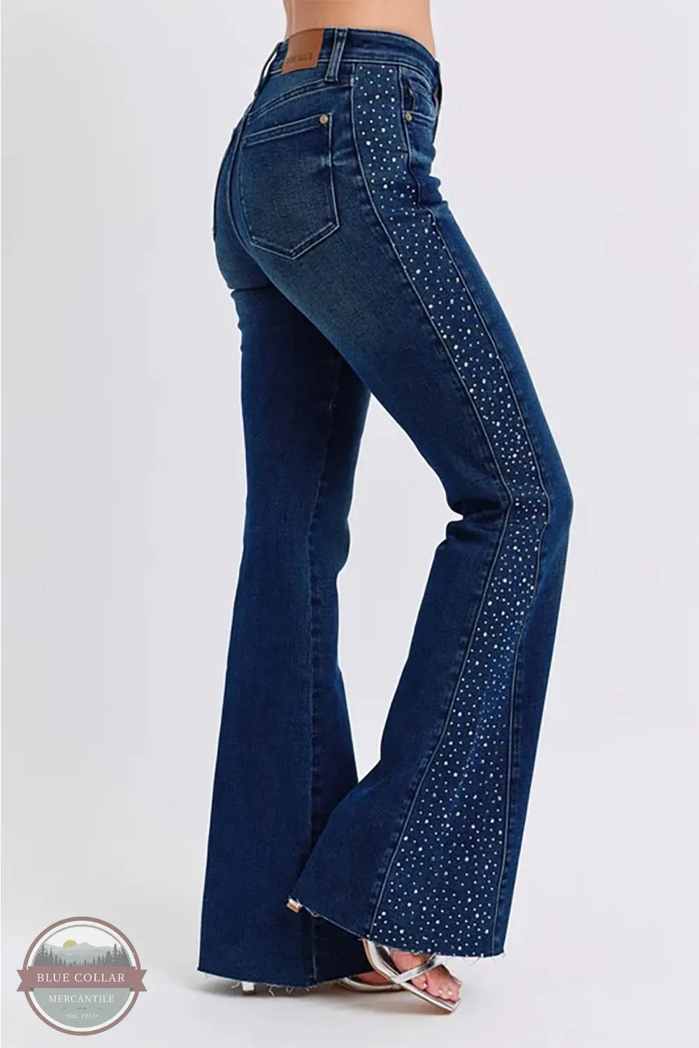 Mid Rise Rhinestone Side Panel Detail Flare Jean 88920REG Cozy Wide-Legged Jeans