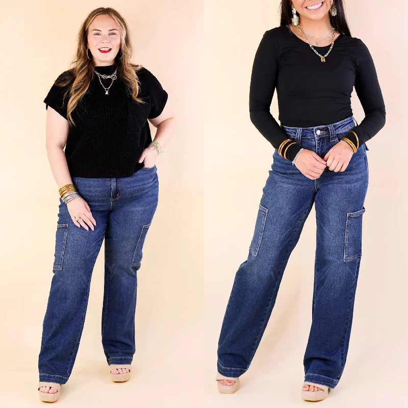 Judy Blue | Downtown Denim High Waisted Wide Leg Cargo Jean in Dark Wash Trendy Low-Rise Bootcut Jeans Judy Blue | Downtown Denim High Waisted Wide Leg Cargo Jean in Dark Wash Trendy Low-Rise Bootcut Jeans