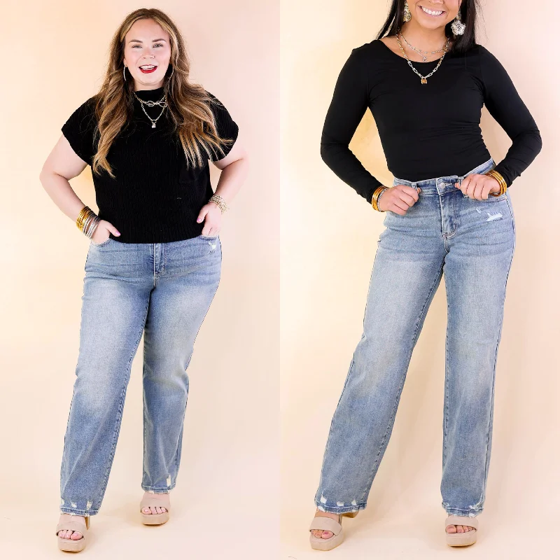 Judy Blue | Elegant Edge Straight Leg Jean with Distressed Hem in Medium Wash Casual Distressed Skinny Jeans Judy Blue | Elegant Edge Straight Leg Jean with Distressed Hem in Medium Wash Casual Distressed Skinny Jeans