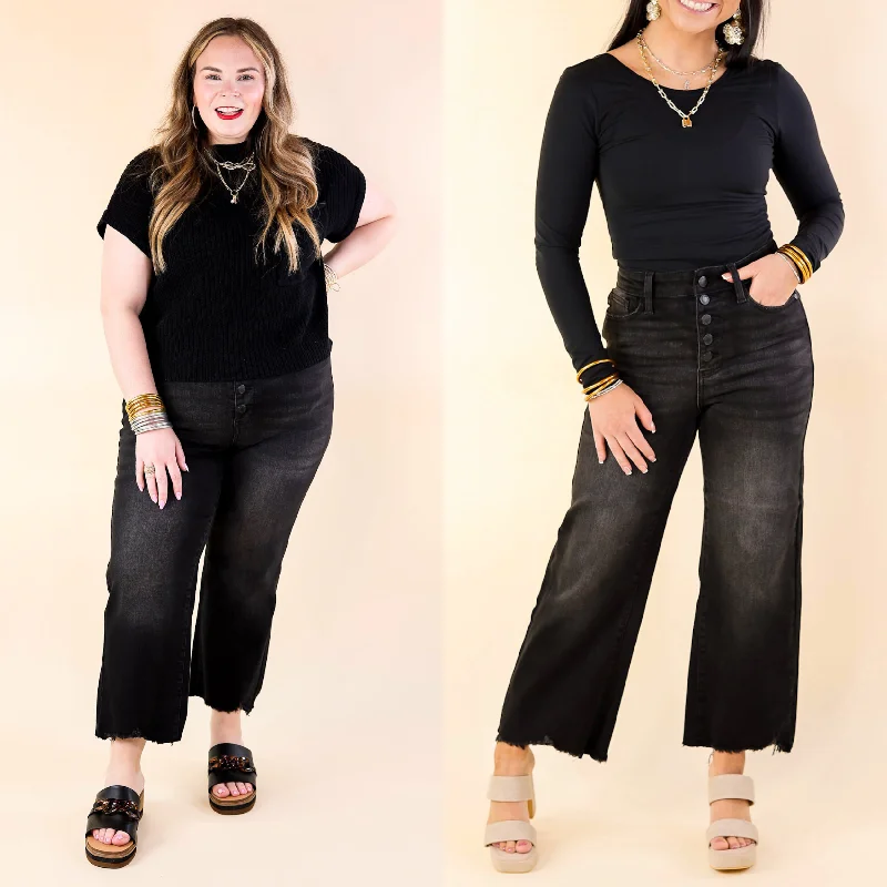 Judy Blue | Frayed Fusion Cropped Wide Leg Jean with Destroy Hem in Black Comfortable Mid-Rise Jeans Judy Blue | Frayed Fusion Cropped Wide Leg Jean with Destroy Hem in Black Comfortable Mid-Rise Jeans