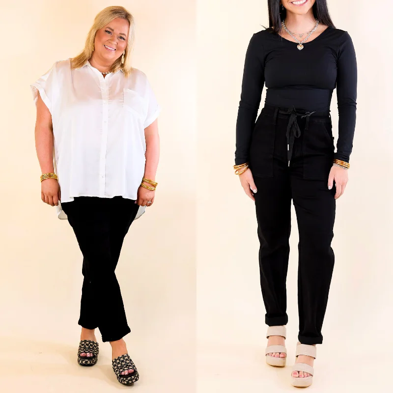 Judy Blue | Keep It A Secret Relaxed Pull on Denim Jean Joggers in Jet Black Cozy Wide-Legged Jeans