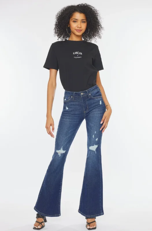 KC7189D Kan Can USA Women's High Rise Flare Jean Casual Loose Fit Jeans