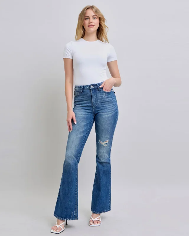 Mavrick High Rise Contrast Wash Flare Jean Casual Bootcut Ripped Jeans